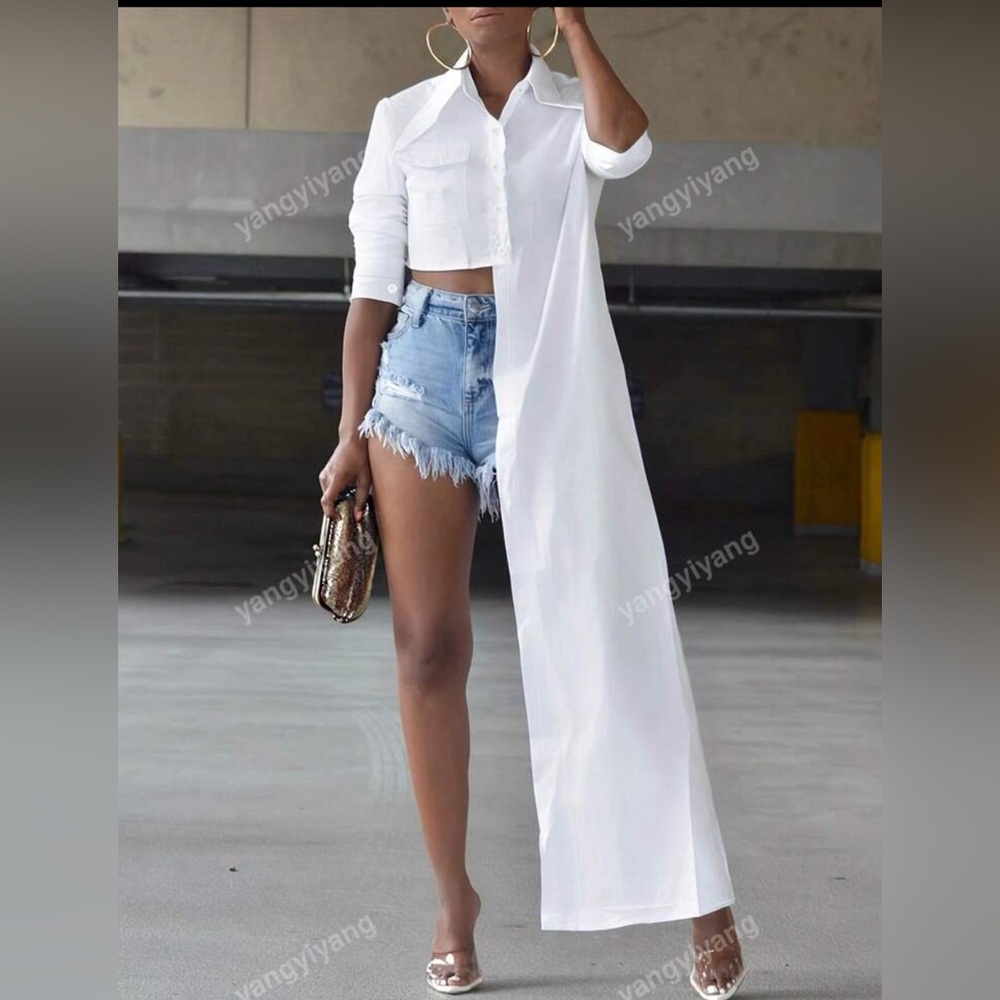 Stylish White Long Sleeve Top with Denim Shorts
